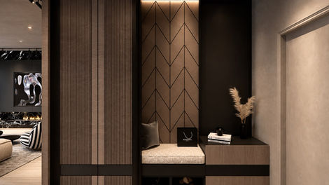 Der Eingangsbereich empfängt mit maßgefertigten Einbauten, hochwertigen Holzdetails und einer integrierten Sitznische, die Funktion und Design perfekt miteinander verbindet. Jeder Bereich wurde bis ins Detail geplant und unterstreicht die klare architektonische Sprache des gesamten Konzepts.