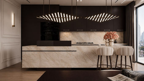Kuchnia stanowi centralny punkt salonu. Naturalny kamień o subtelnym usłojeniu łączy się z ciemnymi frontami, delikatnym, designerskim oświetleniem i starannie dobranymi materiałami. Czyste linie, funkcjonalne detale i otwarta przestrzeń tworzą przestrzeń, w której gotowanie, jedzenie i spotkania towarzyskie płynnie się przenikają.