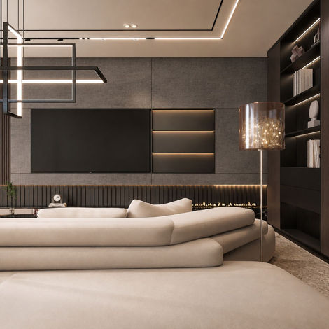 Reduzierte Formen und großzügige Proportionen schaffen eine Atmosphäre, die gleichermaßen einladend wie exklusiv wirkt. Der Wohnbereich lebt von seiner klaren Gestaltung und der harmonischen Verbindung von Komfort und Design.