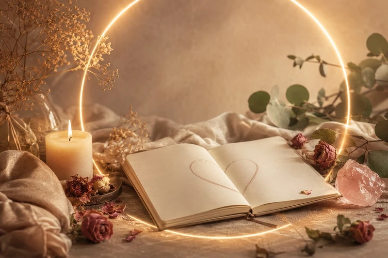 Warmes Kurscover mit offenem Journal, Kerze, Rosenquarz und getrockneten Rosen für einen Selbstliebe-Kurs.