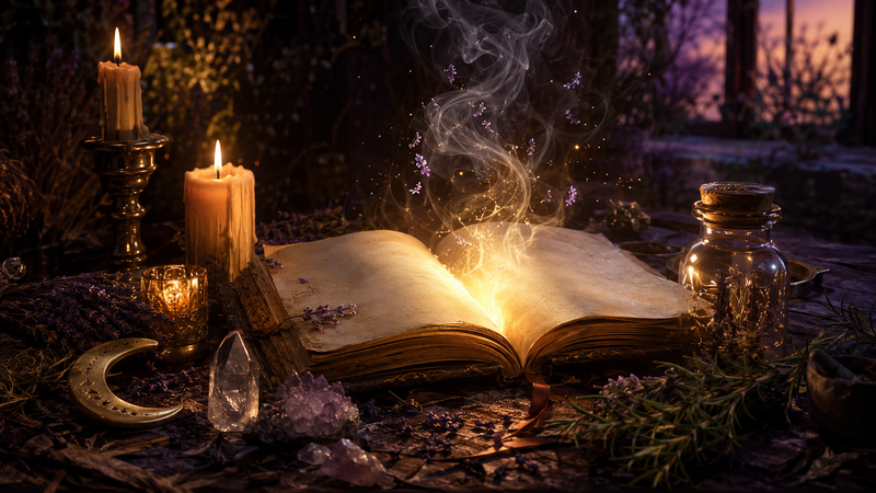 Witch-Spells-Ritualschule mit offenem Ritualbuch, Kerze, Kristallen, Kräutern und goldener Mondsichel in warmem Licht