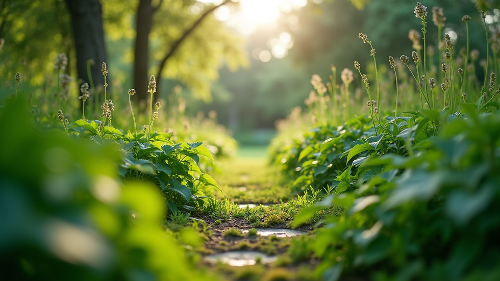 Eye-level view of a lush green garden with diverse plants
