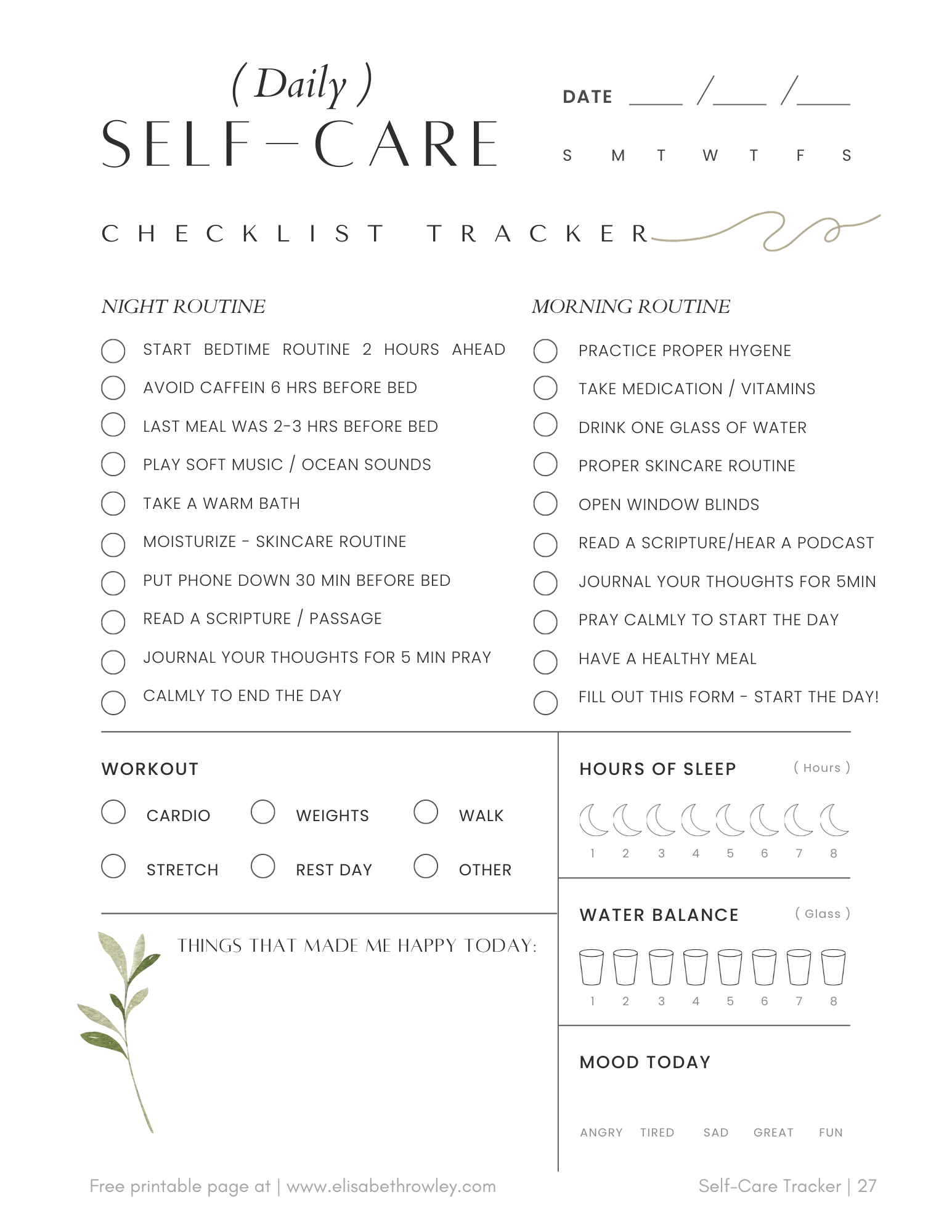 Self-Care Check List Tracker (ENGLISH)