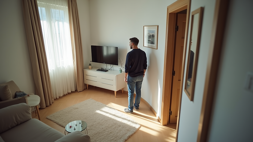 High angle view of a property manager inspecting a rental apartment in Greece