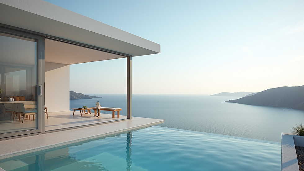 Eye-level view of a modern Greek villa with a sea view