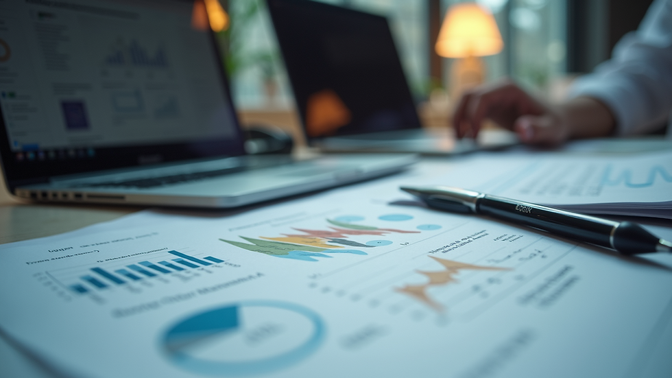 Eye-level view of a researcher’s desk with a laptop and scientific papers