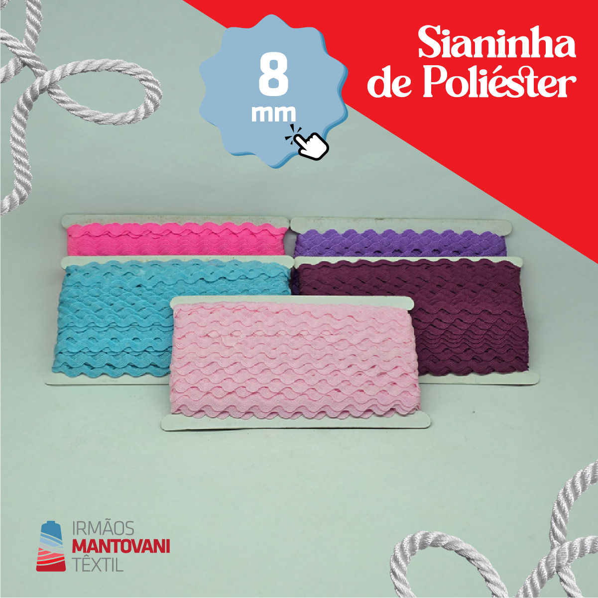 Sianinha de Poliéster 8mm – Rolo com 50m | 4 Cores | Artesanato