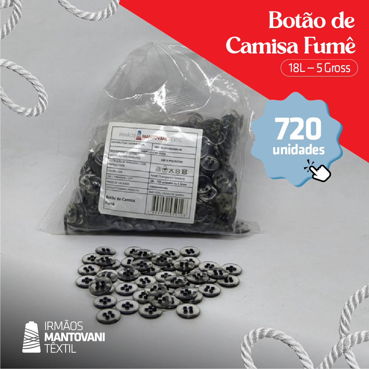 Botão para Camisa 18L Fumê – 4 Furos | Pacote 720un (5 Grossas)