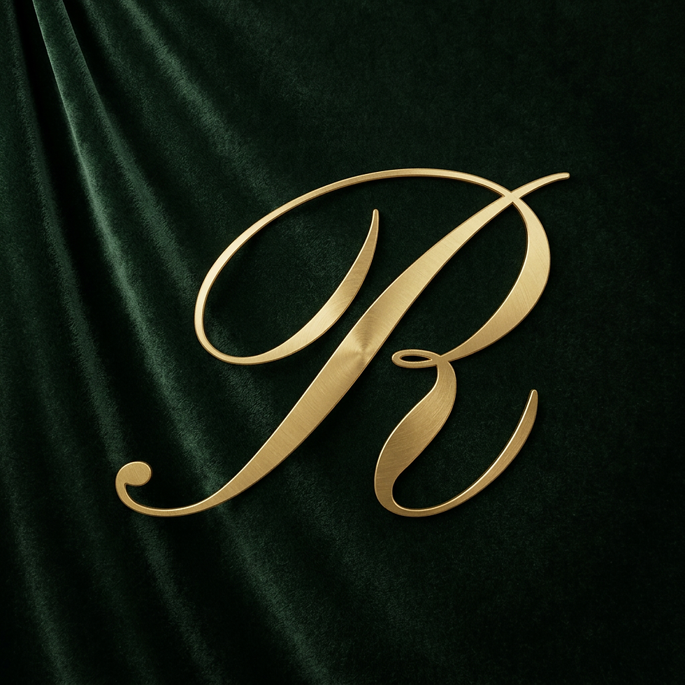 Studio photography of an elegant gold cursive letter R, set against a dark green velvet fabric background. It features a luxurious and sophisticated aesthetic.