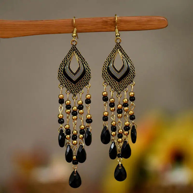 Thumbnail: Bohemian Ethnic Style Vintage Bronze Alloy Handmade Beads Tassel Long Earrings f