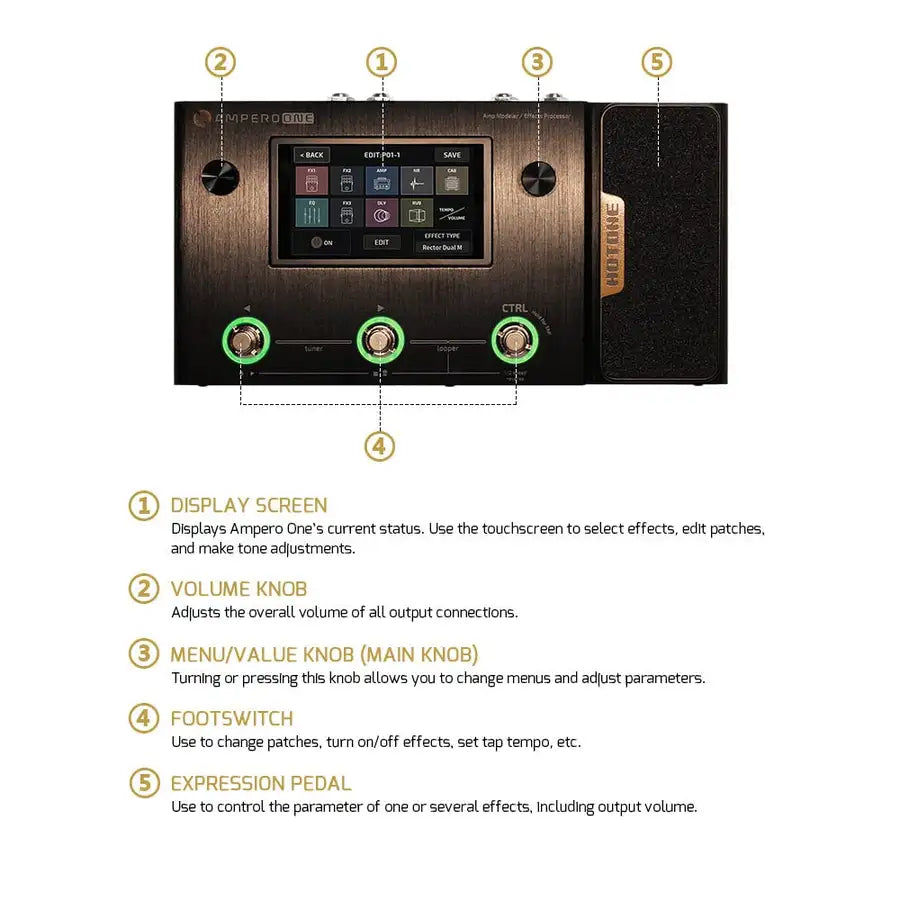 Thumbnail: Hotone Ampero One Guitar Bass Amp IR Cabinets Multi Language Effects Expression 