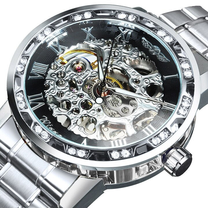 Thumbnail: WINNER Transparent Skeleton Mechanical Watch for Men Fashion Diamond Luminous