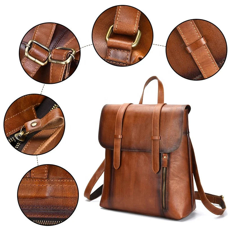 Thumbnail: 13 Inch Red Brown Men Backpack Vintage Small Girl Genuine Leather School