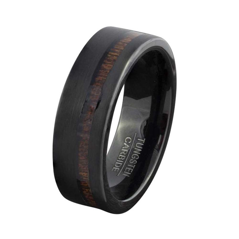 Miniaturebillede: 8MM Hawaiian Wood Inlaid Black Tungsten Carbide Mens Ring Wedding Engagement Ban