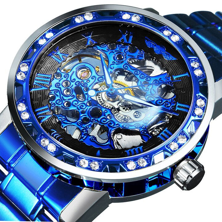 Thumbnail: WINNER Transparent Skeleton Mechanical Watch for Men Fashion Diamond Luminous