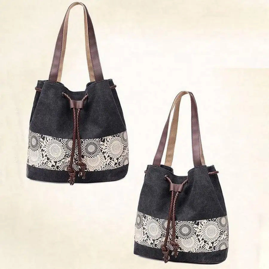Thumbnail: Women Canvas Drawstring Tote Bags Casual Lace Printing Shoulder Bags Large Capci