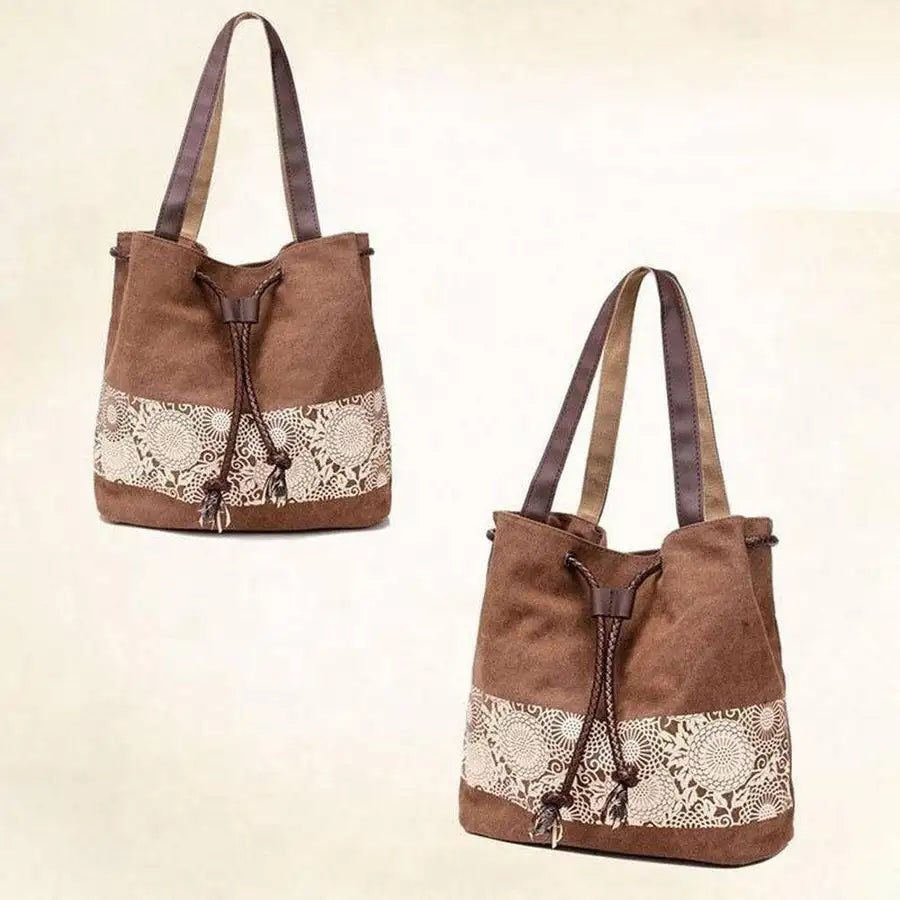 Thumbnail: Women Canvas Drawstring Tote Bags Casual Lace Printing Shoulder Bags Large Capci