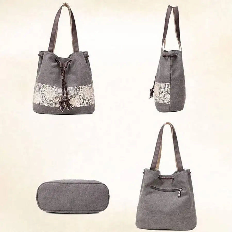 Thumbnail: Women Canvas Drawstring Tote Bags Casual Lace Printing Shoulder Bags Large Capci