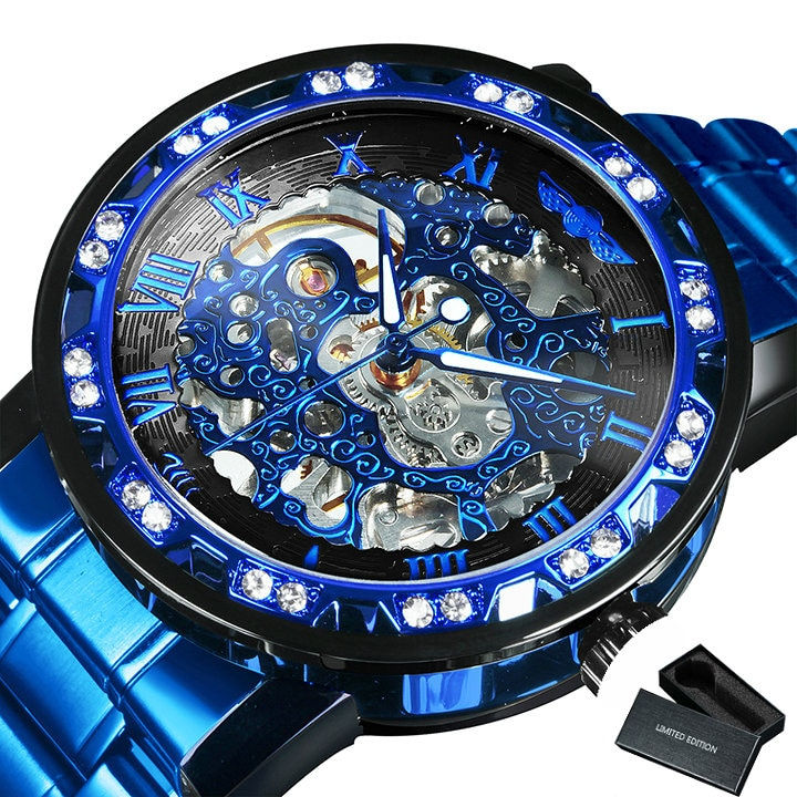 Thumbnail: WINNER Transparent Skeleton Mechanical Watch for Men Fashion Diamond Luminous