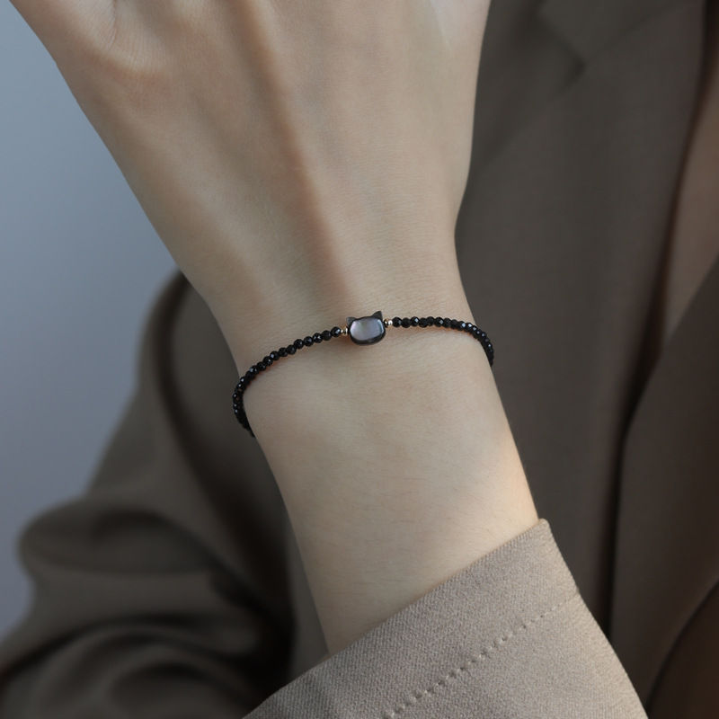 Miniatura: Bracelet en cristal naturel réglable 14K, chat noir blanc | petit ornement