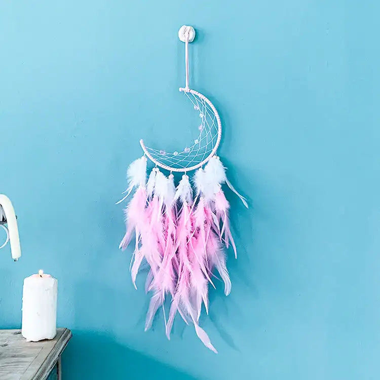Μικρογραφία: Natural Crafts Handmade Home Moon Macrame   Feather Dream Catcher Crystals Led T
