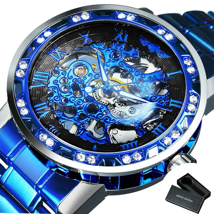 Thumbnail: WINNER Transparent Skeleton Mechanical Watch for Men Fashion Diamond Luminous