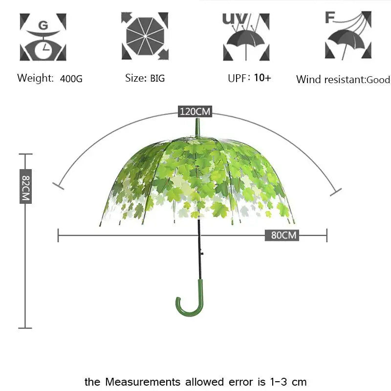 Miniaturebillede: Mode Transparent feuille verte longue poignée parapluie dames semi-automatique é