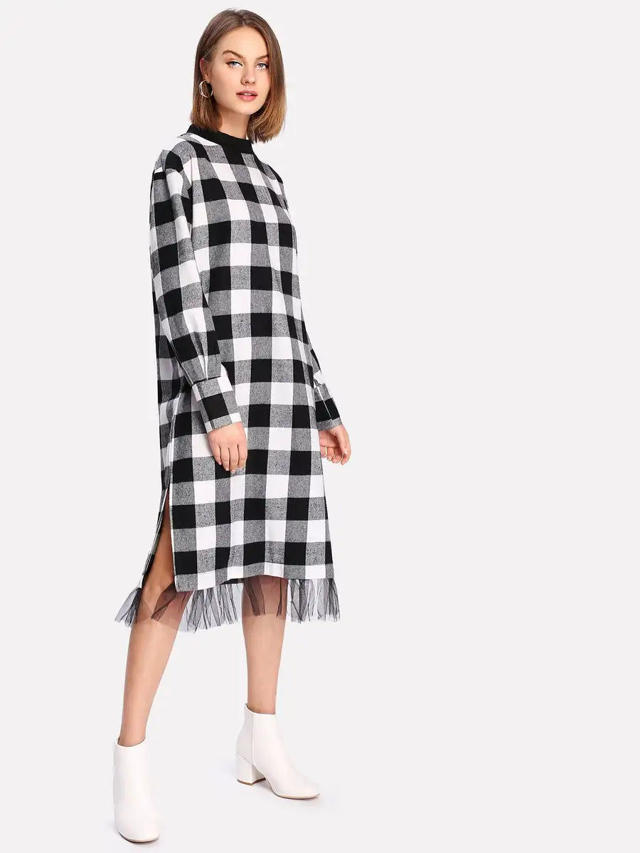 Thumbnail: Contrast Mesh Hem Check Plaid Dress