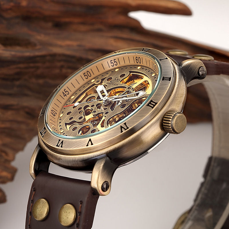 Thumbnail: Hommes Automatique Montre Mécanique Ceinture Creux Bronze Water Watch