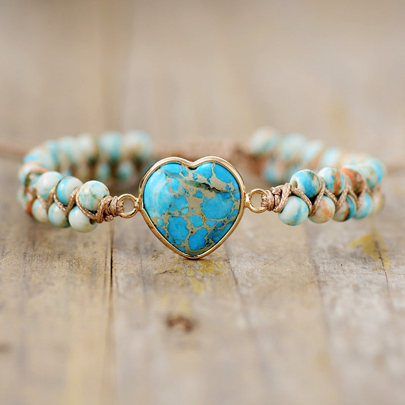 Miniatura: Bracelet de tissage à la main double couche en forme de cœur en pierre empereur