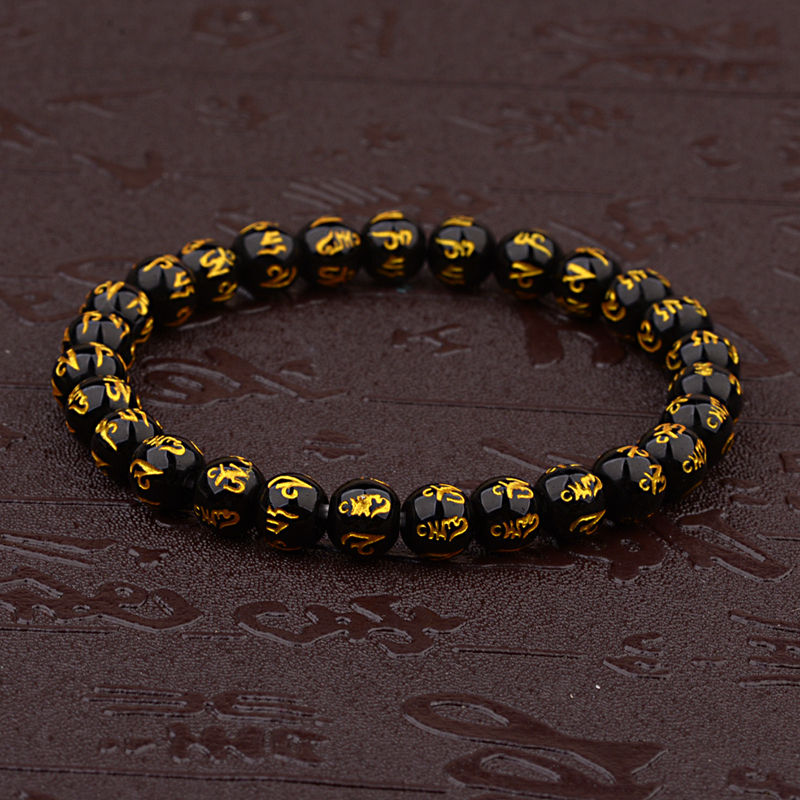 Thumbnail: Women's Retro Tibetan Black Beads Carve Mantra Om Mani Amulet Bracelet Men  Vint