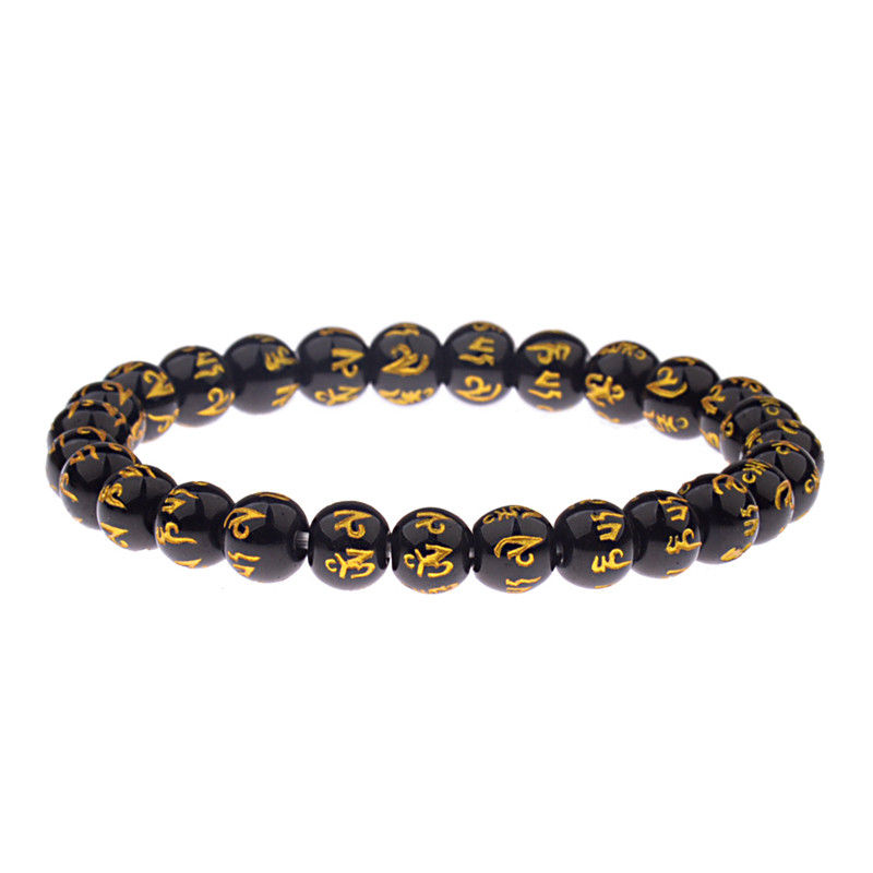 Thumbnail: Women's Retro Tibetan Black Beads Carve Mantra Om Mani Amulet Bracelet Men  Vint