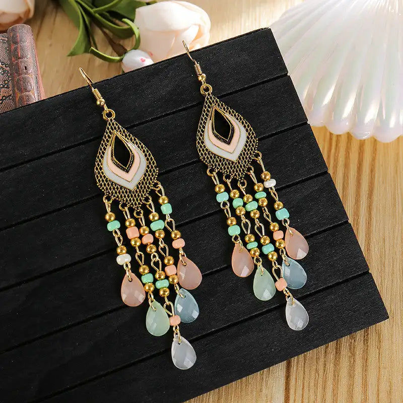Thumbnail: Bohemian Ethnic Style Vintage Bronze Alloy Handmade Beads Tassel Long Earrings f