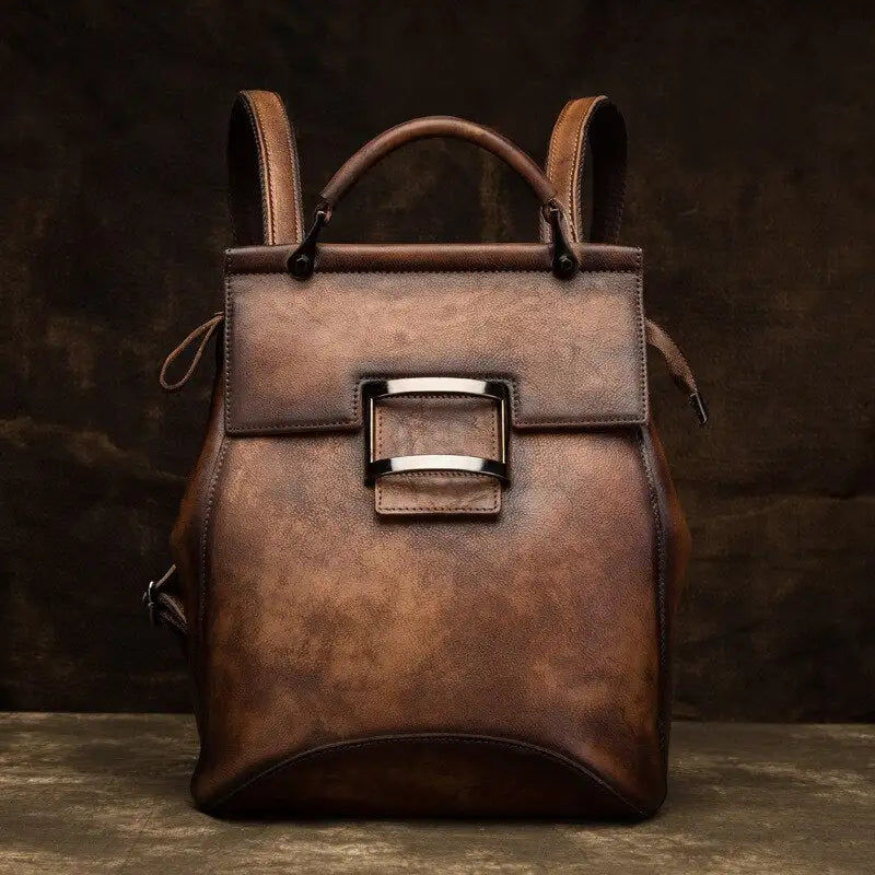 Pikkukuva: Johnature 2022 New Retro Genuine Leather Bag Solid Color Backpack Handmade Cowhi