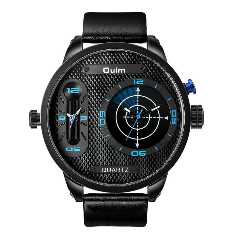 Thumbnail: Men's Dual Time Zone Large Dial Luminous Leather Watch