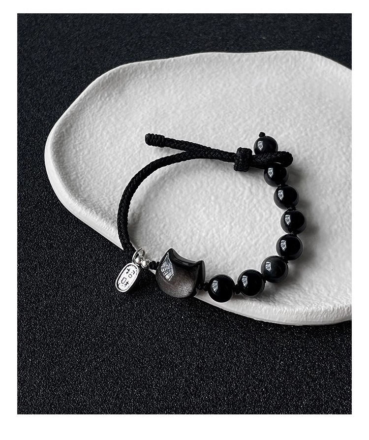 Miniatura: Natural Obsidian Bracelet Xingshi Braided Rope Cat Exquisite Couple Style