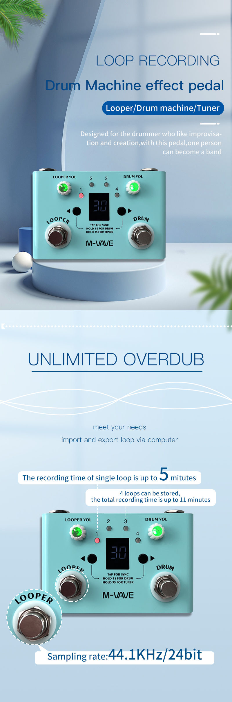 Miniature : M-VAVE Guitar Effect Pedal Drum Looper Effector 30 Drums 11 Mins Looper Recoding