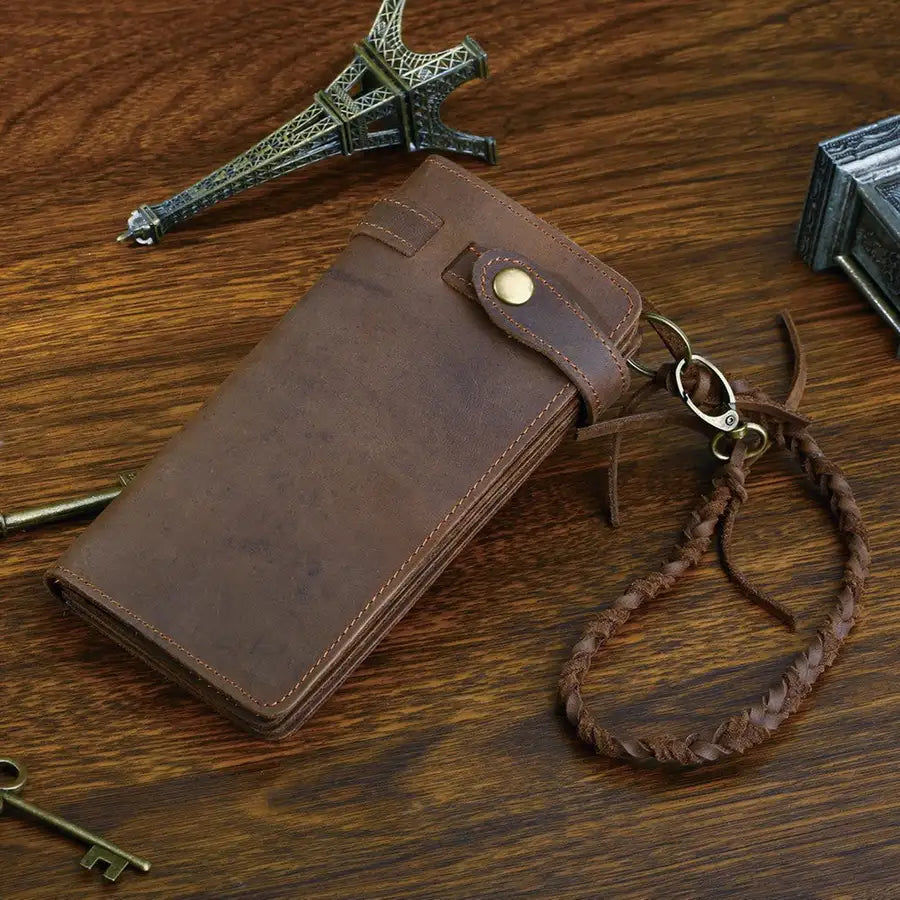 Thumbnail: Designer Chain Leather wallet, long style Crazy Horse Natural Cowhide Vintage Wa
