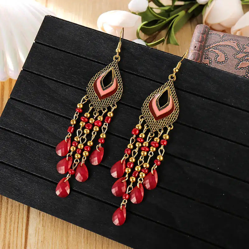 Thumbnail: Bohemian Ethnic Style Vintage Bronze Alloy Handmade Beads Tassel Long Earrings f
