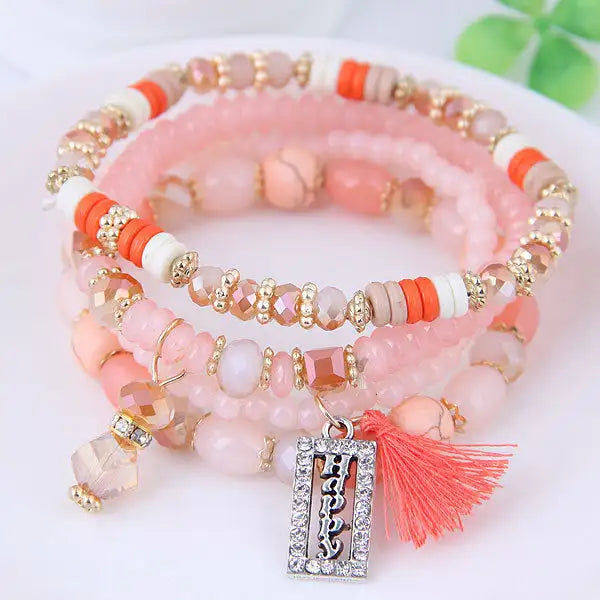 Miniatyrbild: Fashion Tassel and Happy Engrave Charm Bracelet Handmade Multi Color Crystal Bra