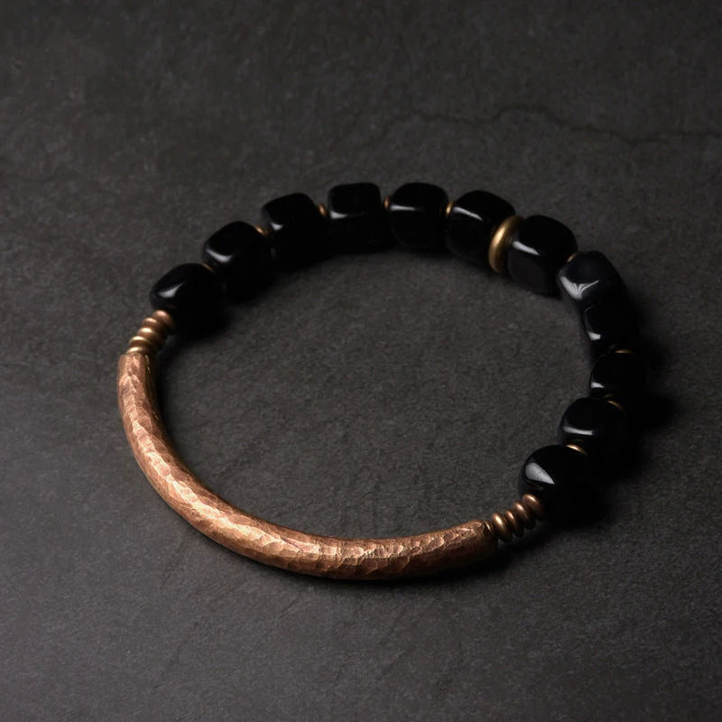 Thumbnail: Bracelet obsidienne noir cubique fait à la main