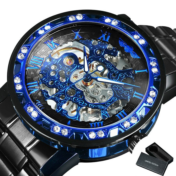 Thumbnail: WINNER Transparent Skeleton Mechanical Watch for Men Fashion Diamond Luminous