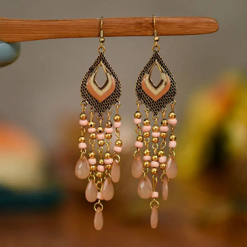 Thumbnail: Bohemian Ethnic Style Vintage Bronze Alloy Handmade Beads Tassel Long Earrings f
