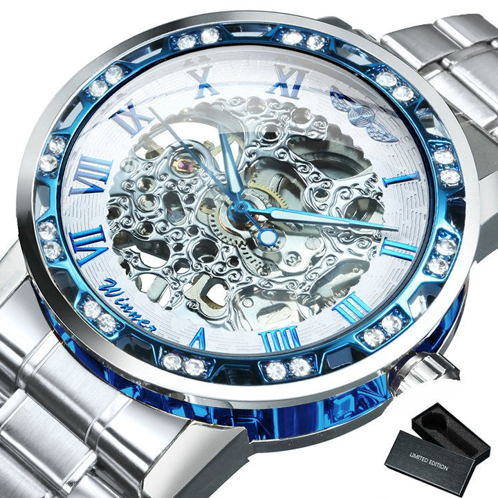 Thumbnail: WINNER Transparent Skeleton Mechanical Watch for Men Fashion Diamond Luminous