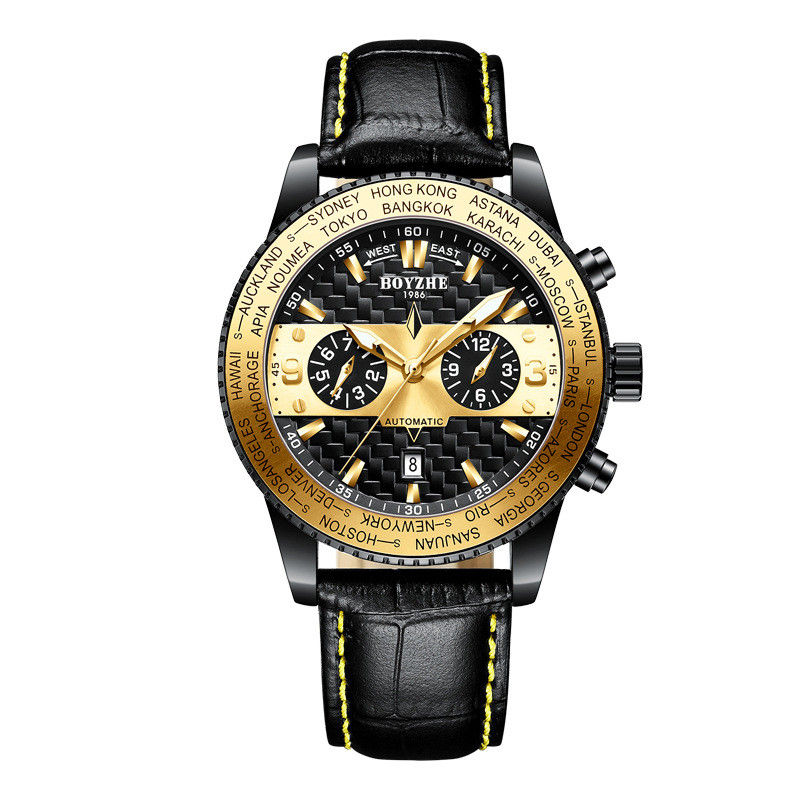 Thumbnail: Boyzhe Mode Haut de Gamme Bracelet En Cuir Imperméable À L'eau Montre Mécanique