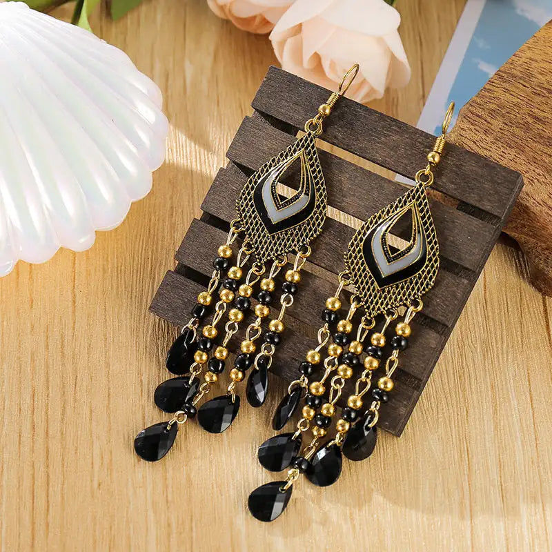 Thumbnail: Bohemian Ethnic Style Vintage Bronze Alloy Handmade Beads Tassel Long Earrings f