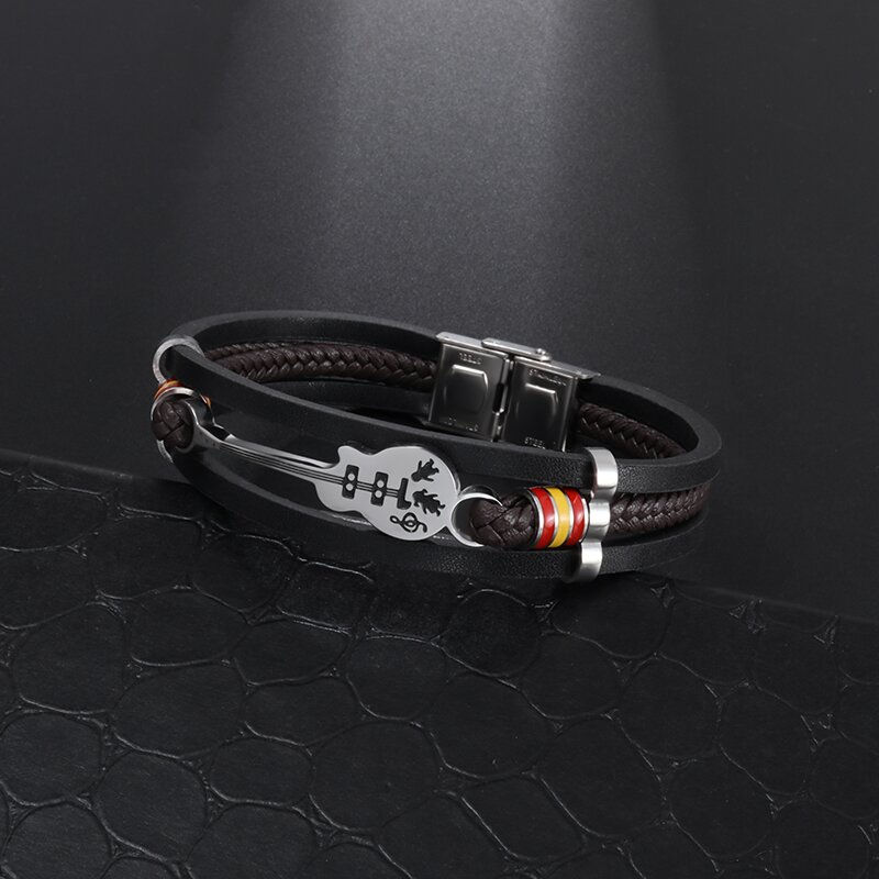 Miniatura: Classic Leather Bracelet Black Multi-Layer Braided Cord Guitar Treble Clef Note 