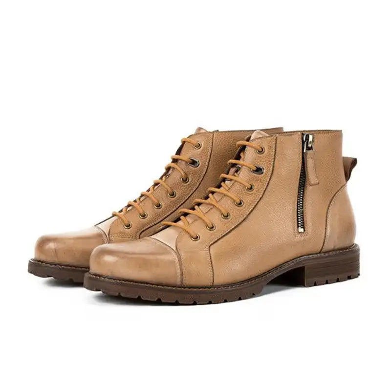 Thumbnail: KRUSDAN Men Flats Military Boots Brown Handmade Genuine Leather Ankle Boots Lace