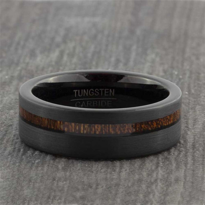 Miniaturebillede: 8MM Hawaiian Wood Inlaid Black Tungsten Carbide Mens Ring Wedding Engagement Ban
