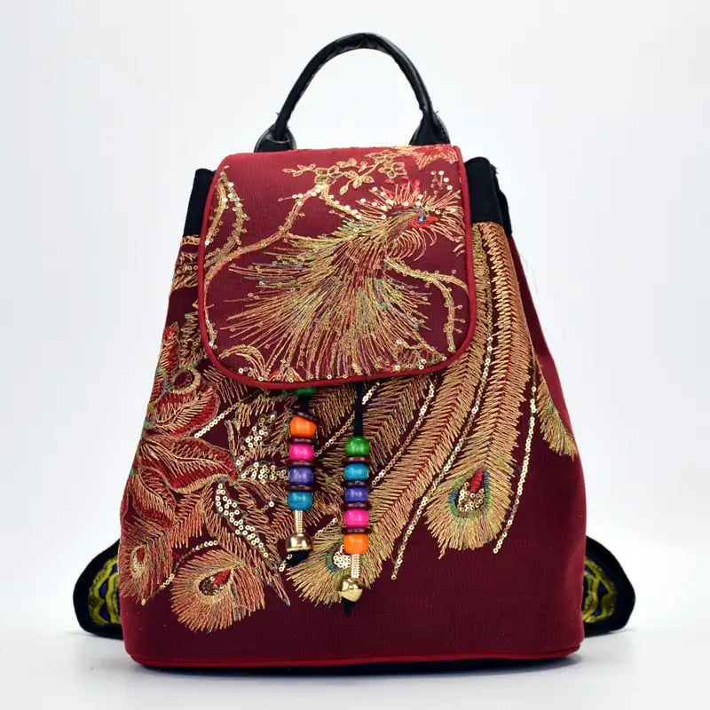 Pikkukuva: Vintage Peacock Embroidery Backpack Ethnic Style Drawstring Canvas Shoulder Bag 